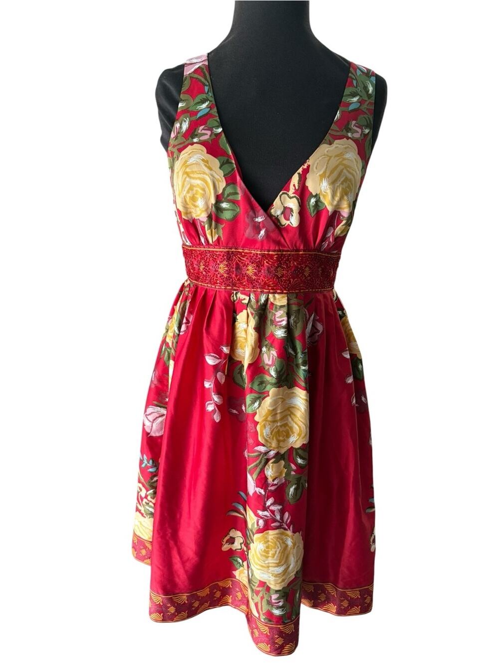 Y2K Forever 21 Red Beaded Empire Waist Babydoll Satin Floral Dress Size M